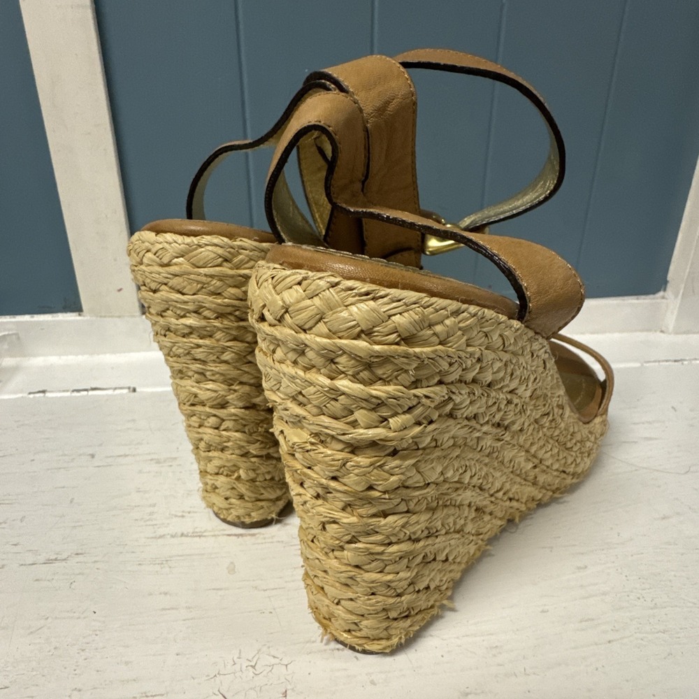 Coach Women's Size 8.5 Tan Leather Espadrille Straw Wedge Platform - Picture 6 of 11